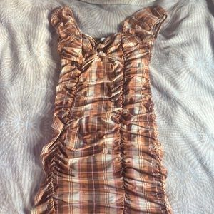 Plaided, pink/orange & cream body-con dress